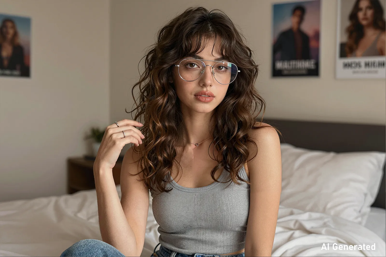 A woman with glasses and wavy hair seated in a softly lit bedroom.