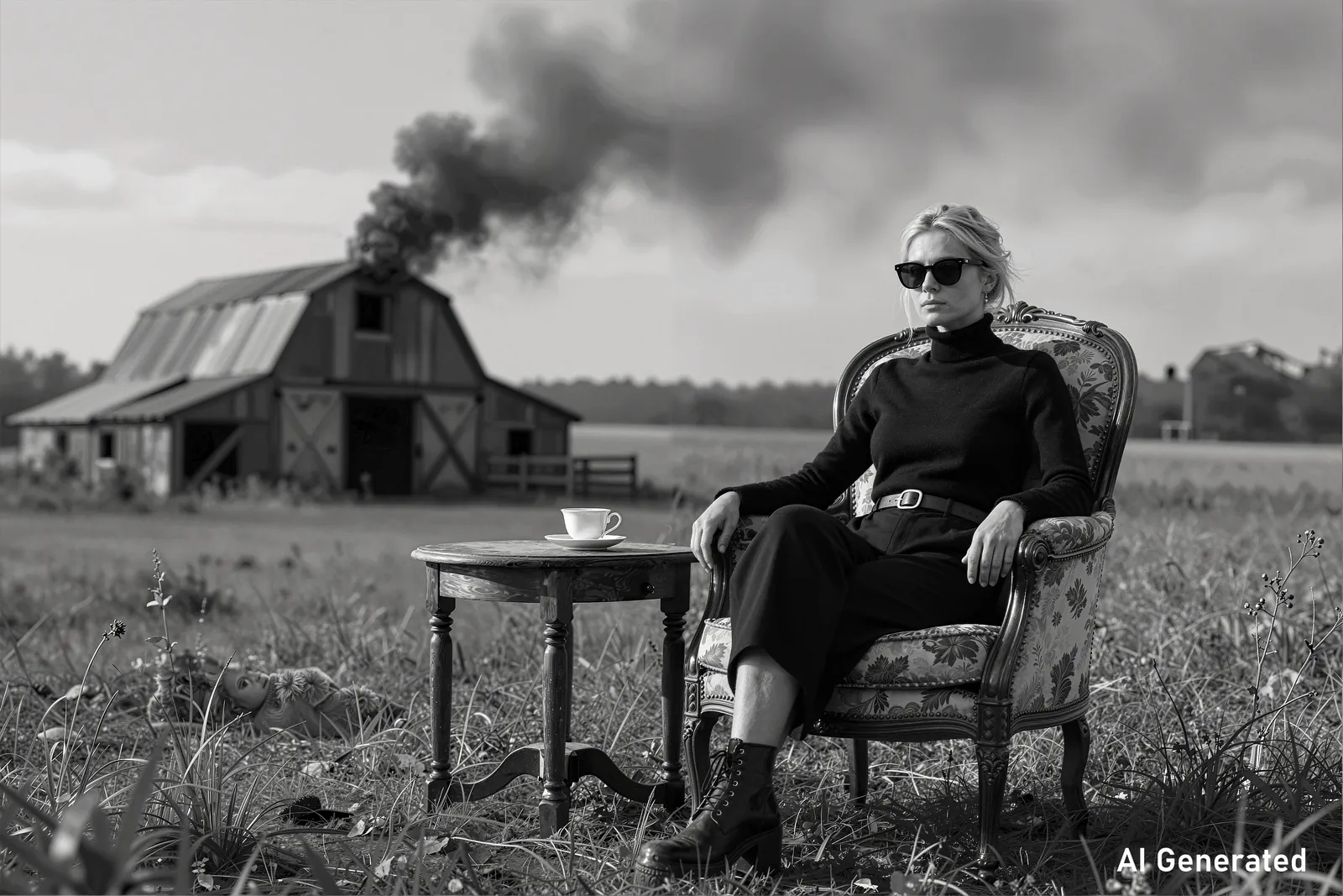 A black-and-white portrait of a person in sunglasses seated in a field beside a smoking farm building.