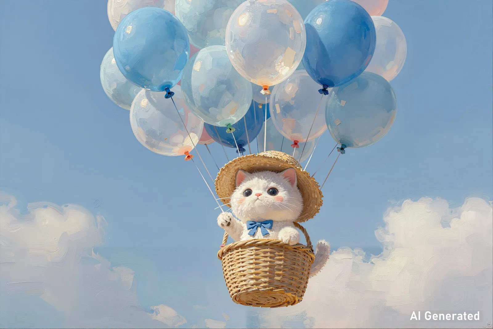 A cat in a wicker basket suspended beneath transparent balloons in a blue sky.