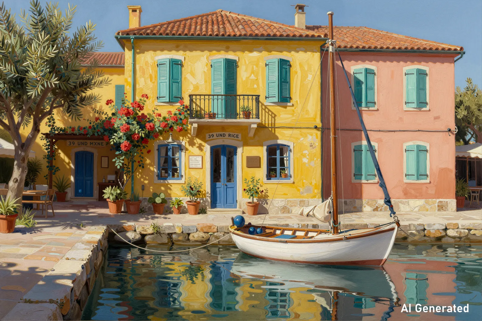 Colourful waterfront houses and a small sailboat reflected in calm water.