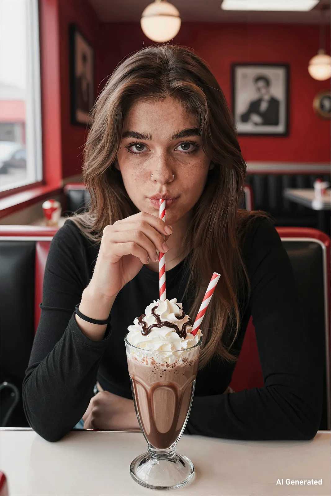 A woman drinking a whipped-cream milkshake in a red diner booth.