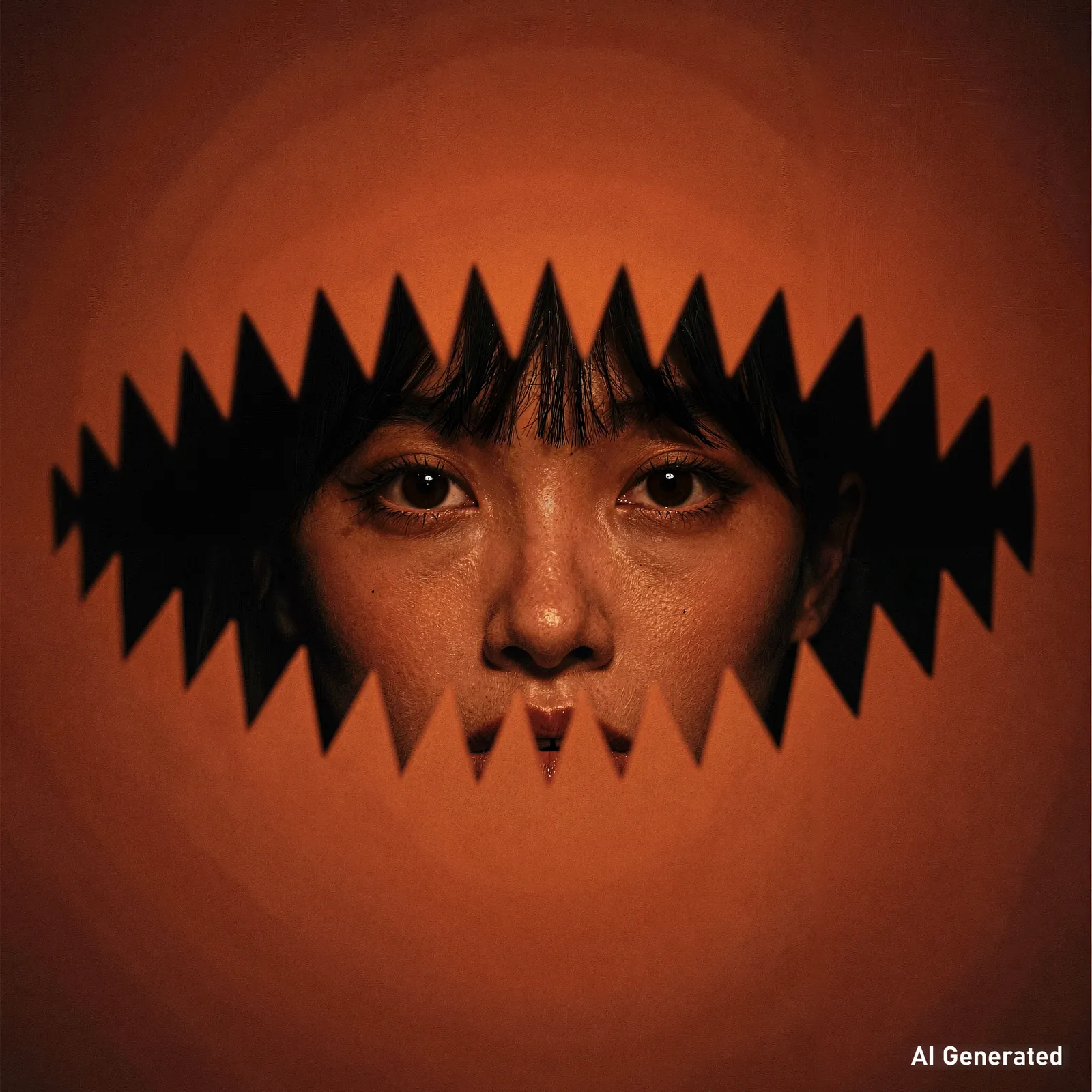 A face visible through a jagged black opening on an orange background.