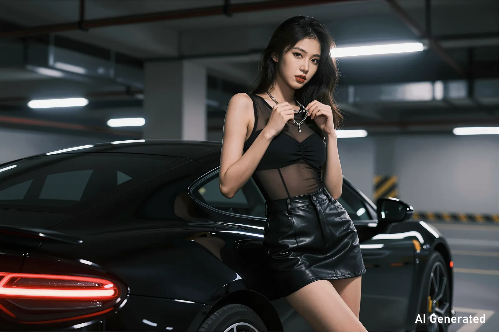 A woman in black clothing standing beside a sports car in a dark garage.