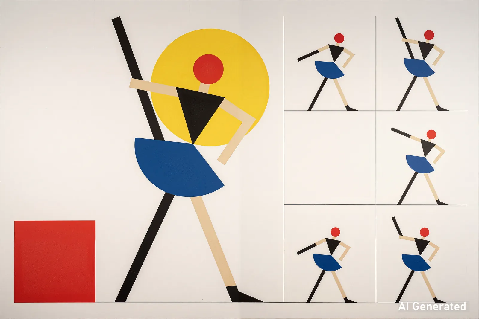A geometric figure study in red, yellow, blue and black shown beside five movement poses.