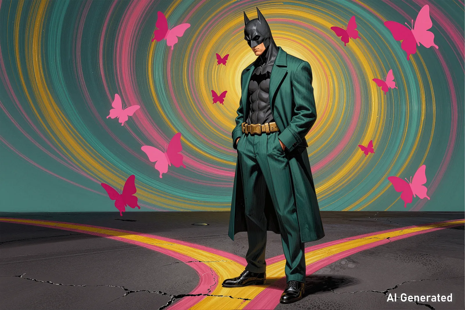 A masked comic-style hero in a teal suit standing before concentric stripes and pink butterflies.