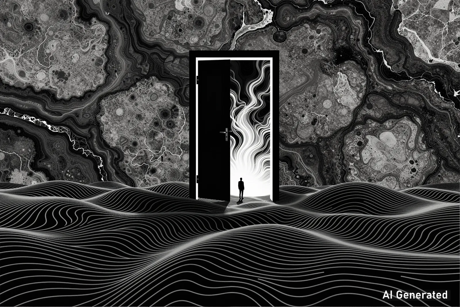 A monochrome abstract portal set within a marbled landscape of flowing lines.