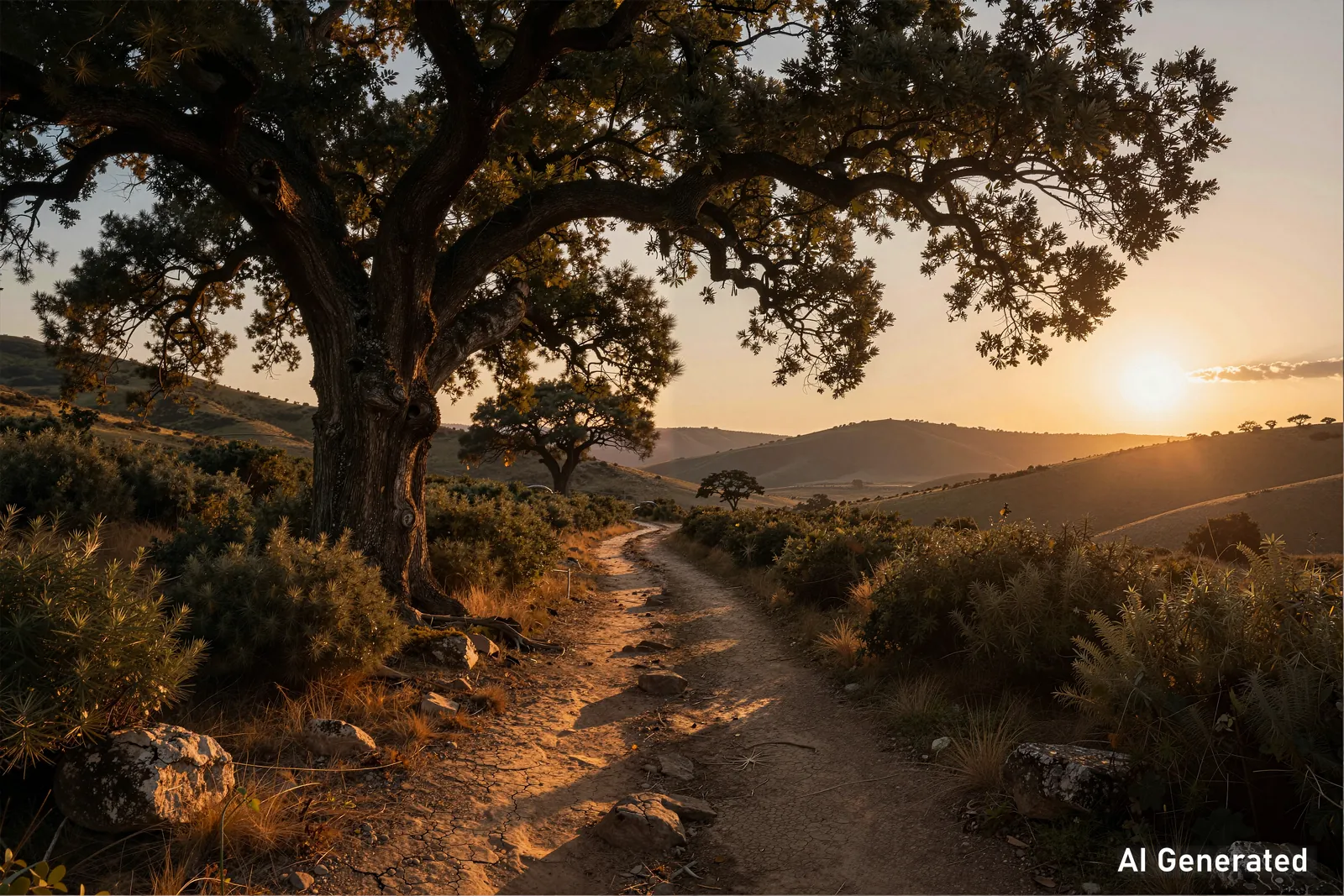 A large oak tree beside a winding dirt trail at sunset.