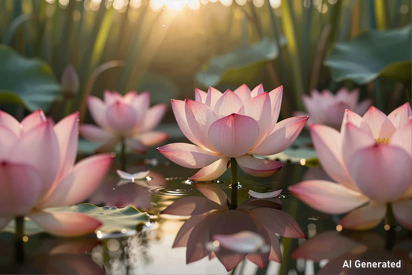 Pink lotus flowers floating on a pond in warm sunlight.