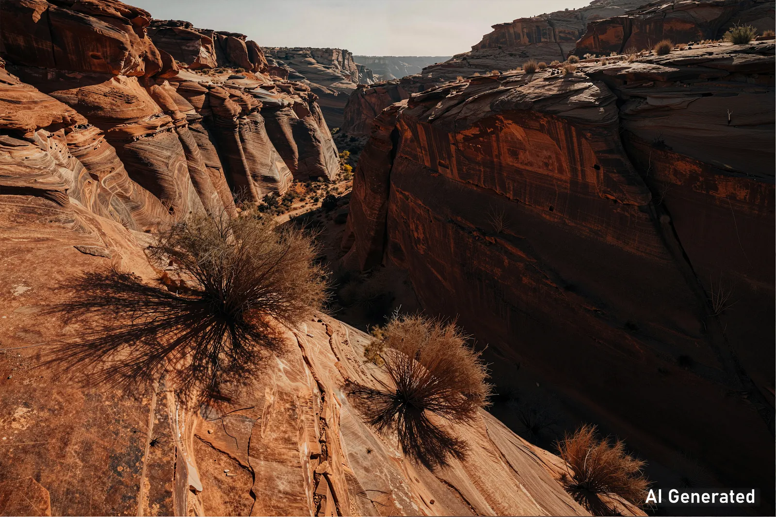 A sunlit red rock canyon with layered cliffs and desert plants.