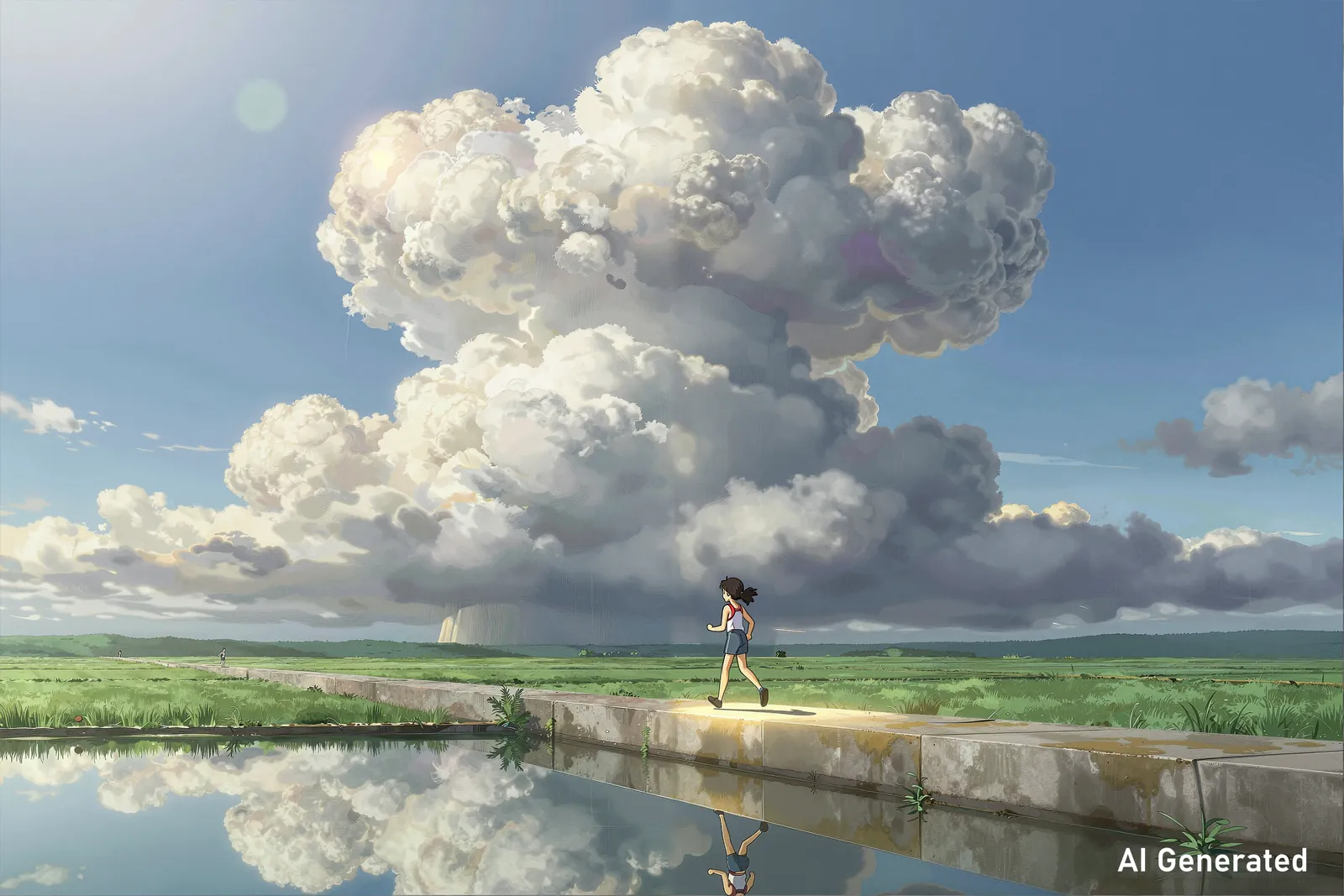 A runner crossing a reflective path beneath a monumental cloud formation.