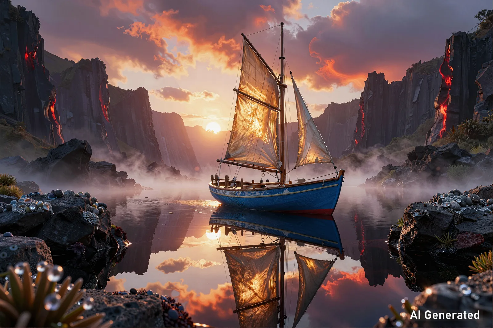 A sailboat reflected in calm water between misty volcanic cliffs at sunset.