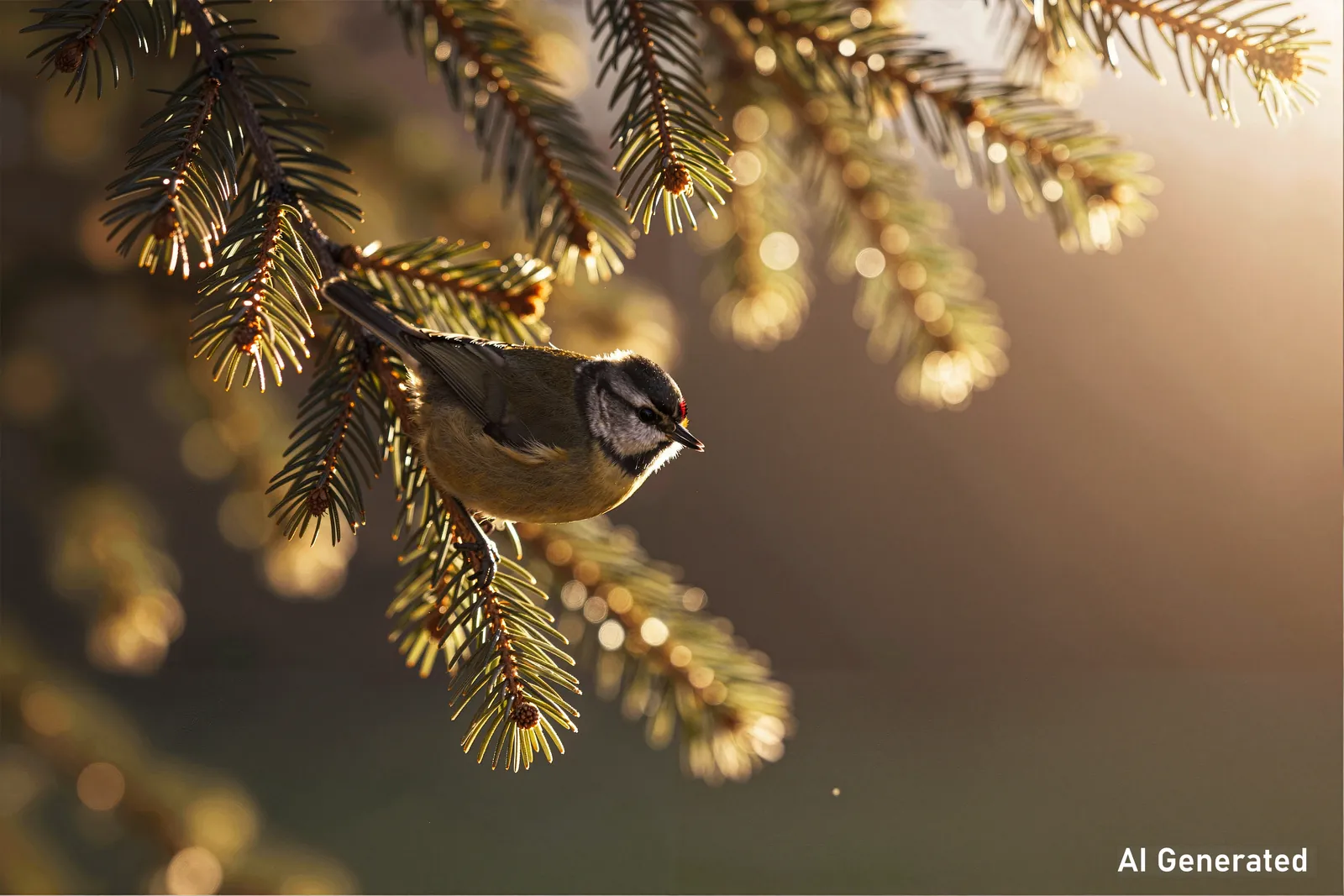A small songbird perched on an evergreen branch in warm golden backlight.