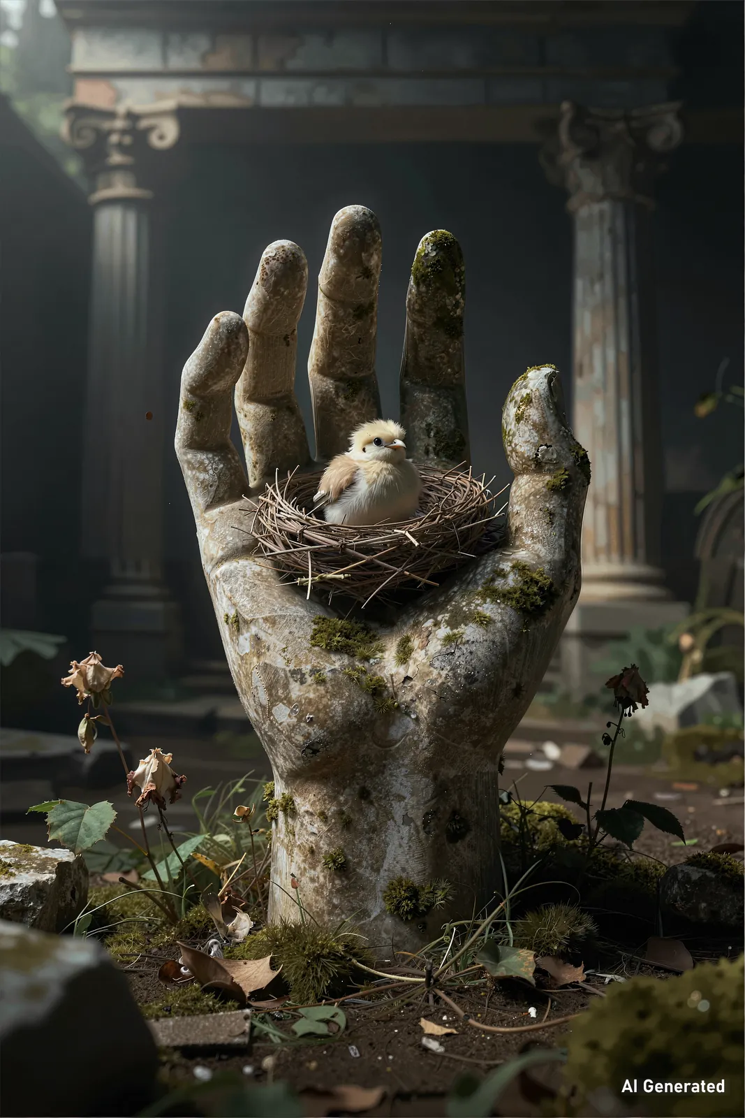 A young bird sitting in a twig nest held by a weathered stone hand among moss and ruins.