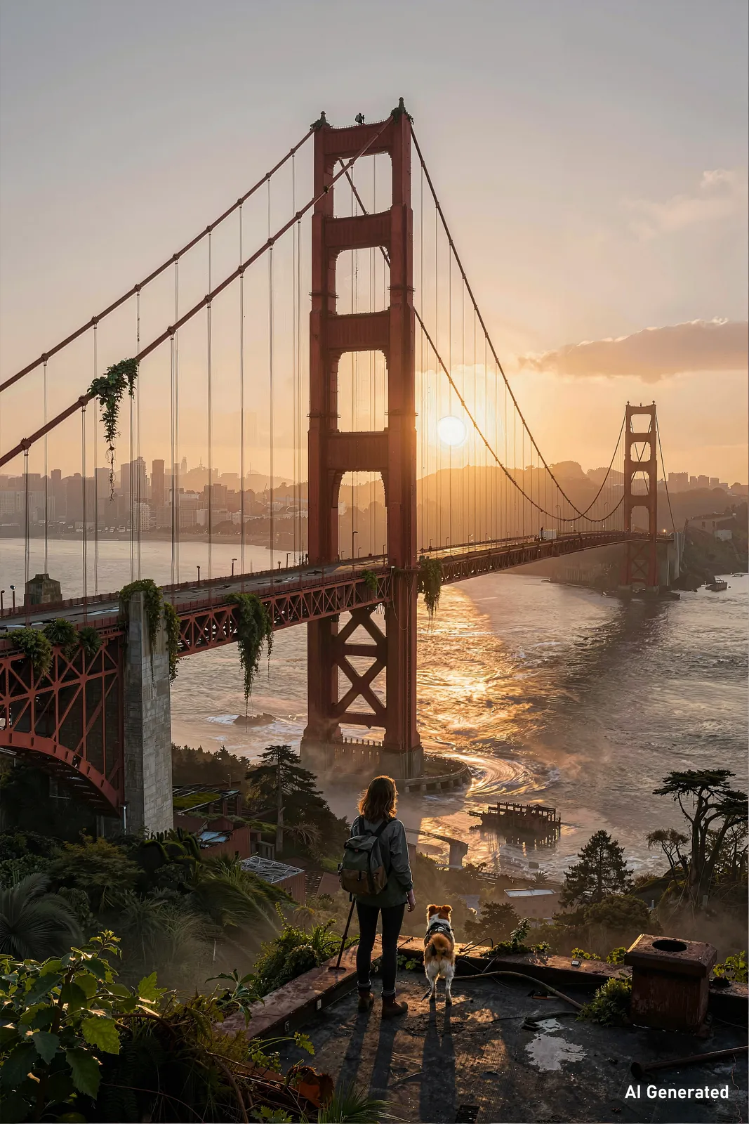 A suspension bridge over a coastal bay at sunset, viewed from a rocky shoreline.