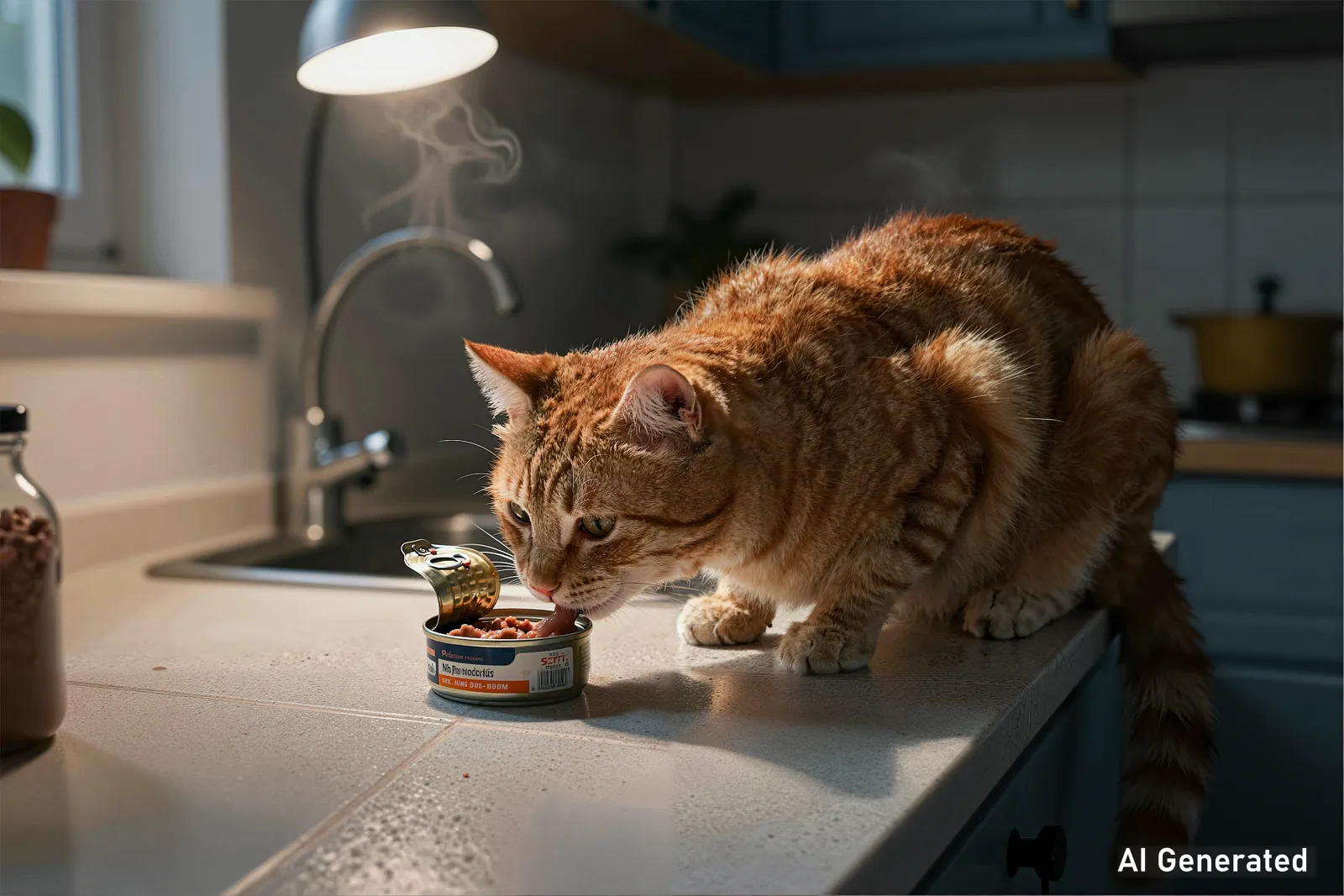 A tabby cat inspecting an open food tin on a kitchen counter.
