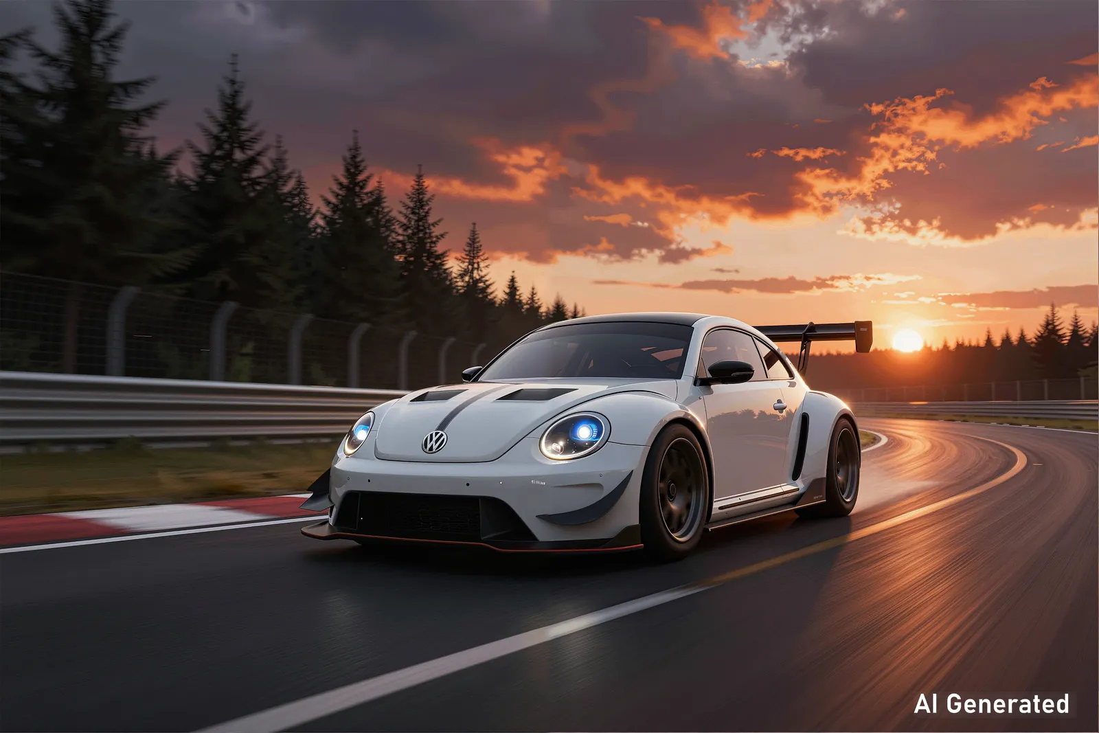 A white sports car driving on a racetrack at sunset.